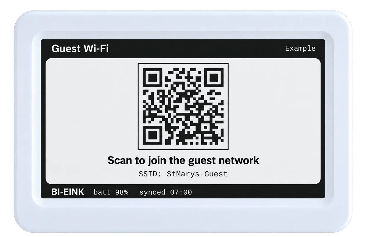 BI-EINK e-paper display showing a guest Wi-Fi QR code